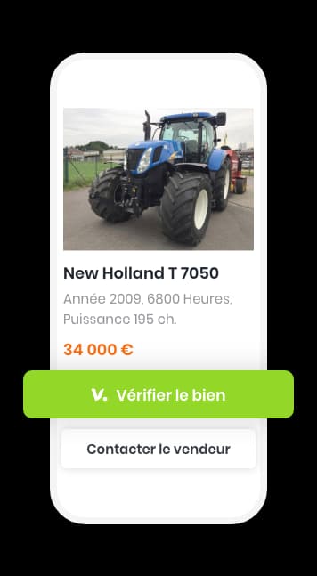 L'application Vizapp sur une annonce de tracteur New Holland T 7050, avec le bouton « Vérifier le bien »